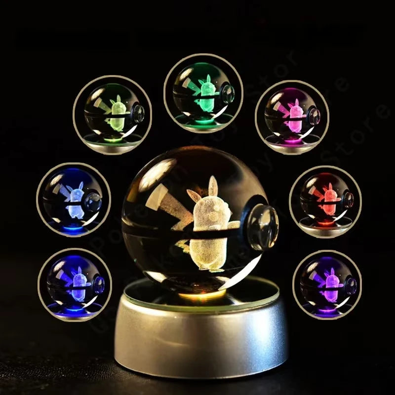 Cartoon Pokemon Figure Toys Gengar Gyarados Mimikyu Snorlax Moltres Eevee 3D Crystal Ball Toy Model Doll Led Gift