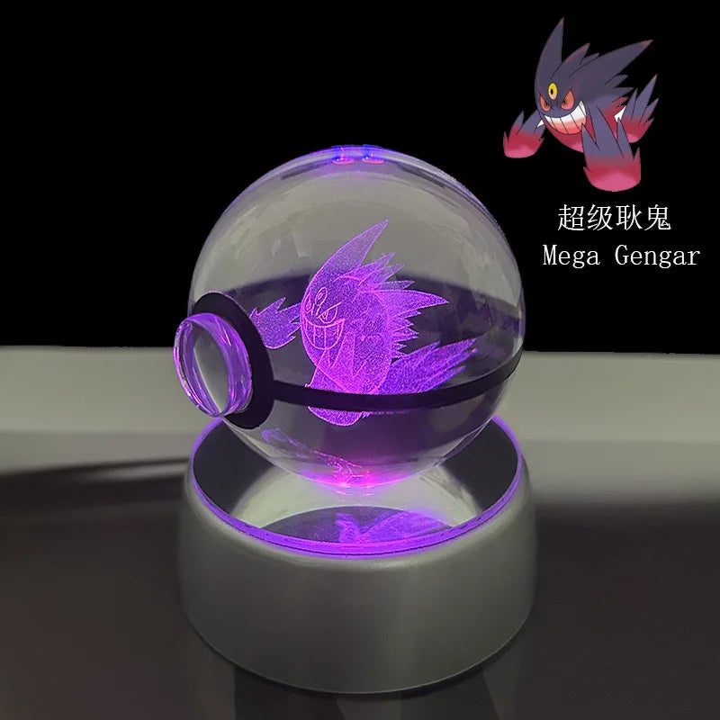 Cartoon Pokemon Figure Toys Gengar Gyarados Mimikyu Snorlax Moltres Eevee 3D Crystal Ball Toy Model Doll Led Gift