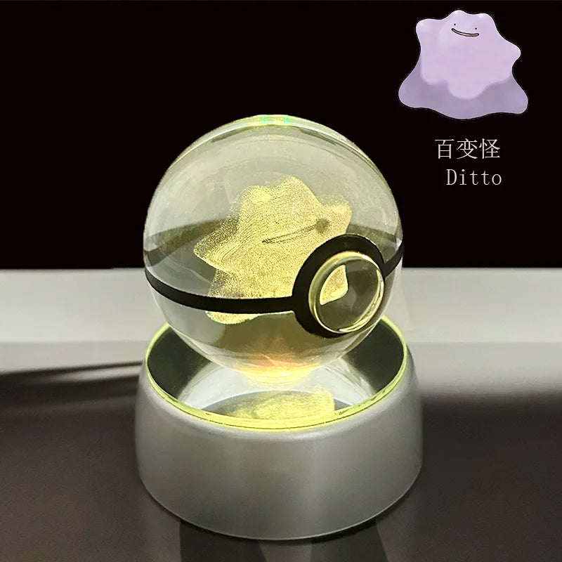 Cartoon Pokemon Figure Toys Gengar Gyarados Mimikyu Snorlax Moltres Eevee 3D Crystal Ball Toy Model Doll Led Gift