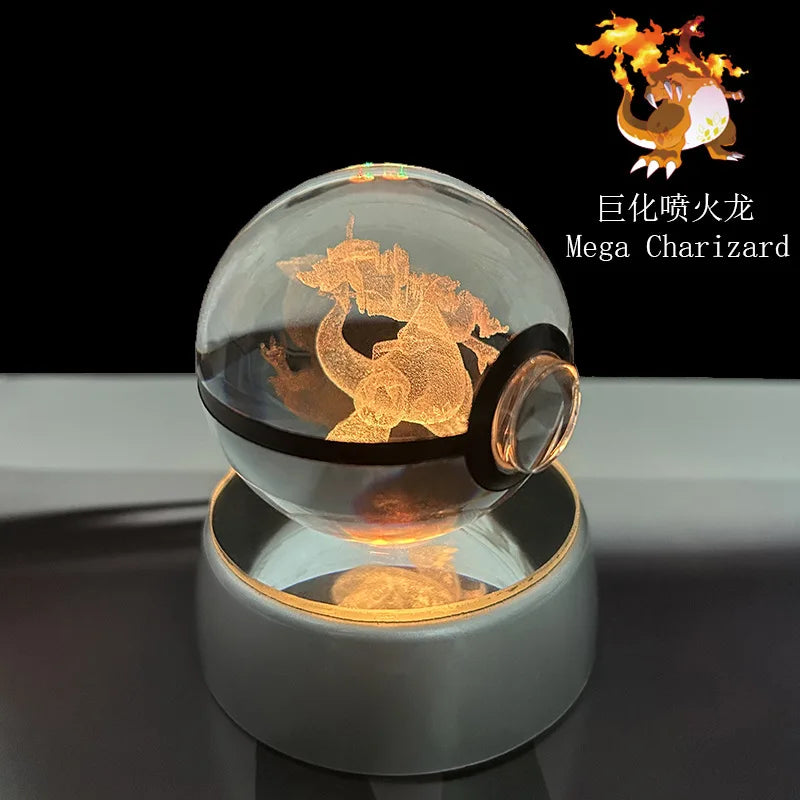 Cartoon Pokemon Figure Toys Gengar Gyarados Mimikyu Snorlax Moltres Eevee 3D Crystal Ball Toy Model Doll Led Gift
