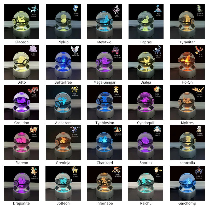 Cartoon Pokemon Figure Toys Gengar Gyarados Mimikyu Snorlax Moltres Eevee 3D Crystal Ball Toy Model Doll Led Gift