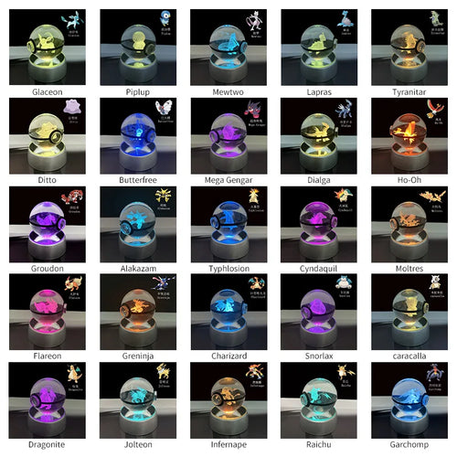 Cartoon Pokemon Figure Toys Gengar Gyarados Mimikyu Snorlax Moltres Eevee 3D Crystal Ball Toy Model Doll Led Gift