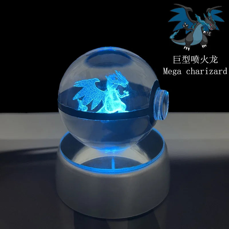 Cartoon Pokemon Figure Toys Gengar Gyarados Mimikyu Snorlax Moltres Eevee 3D Crystal Ball Toy Model Doll Led Gift